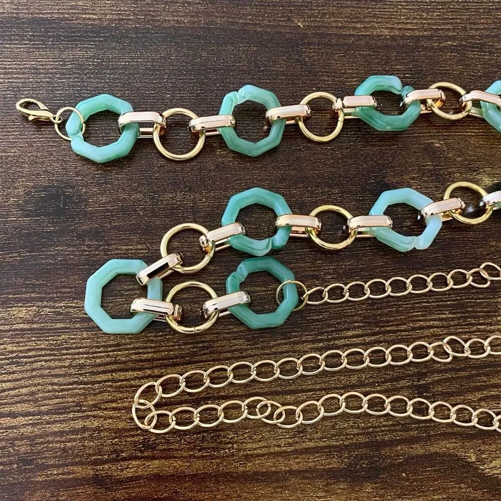 Gold Y2K Green Marbled Hexagon Open Ring Chain Belt, Fits 21-43 Inches, X7GA1356